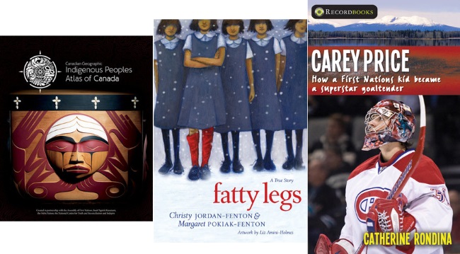 Covers of Indigenous Peoples Atlas of Canada by The Royal Canadian Geographical Society, Fatty Legs by Christy Jordan-Fenton and Margaret Pokiak-Fenton, and Cary Price by Catherine Rondina